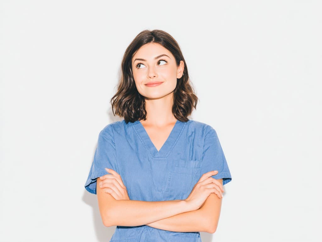 Nurse in scrubs considering her next career move