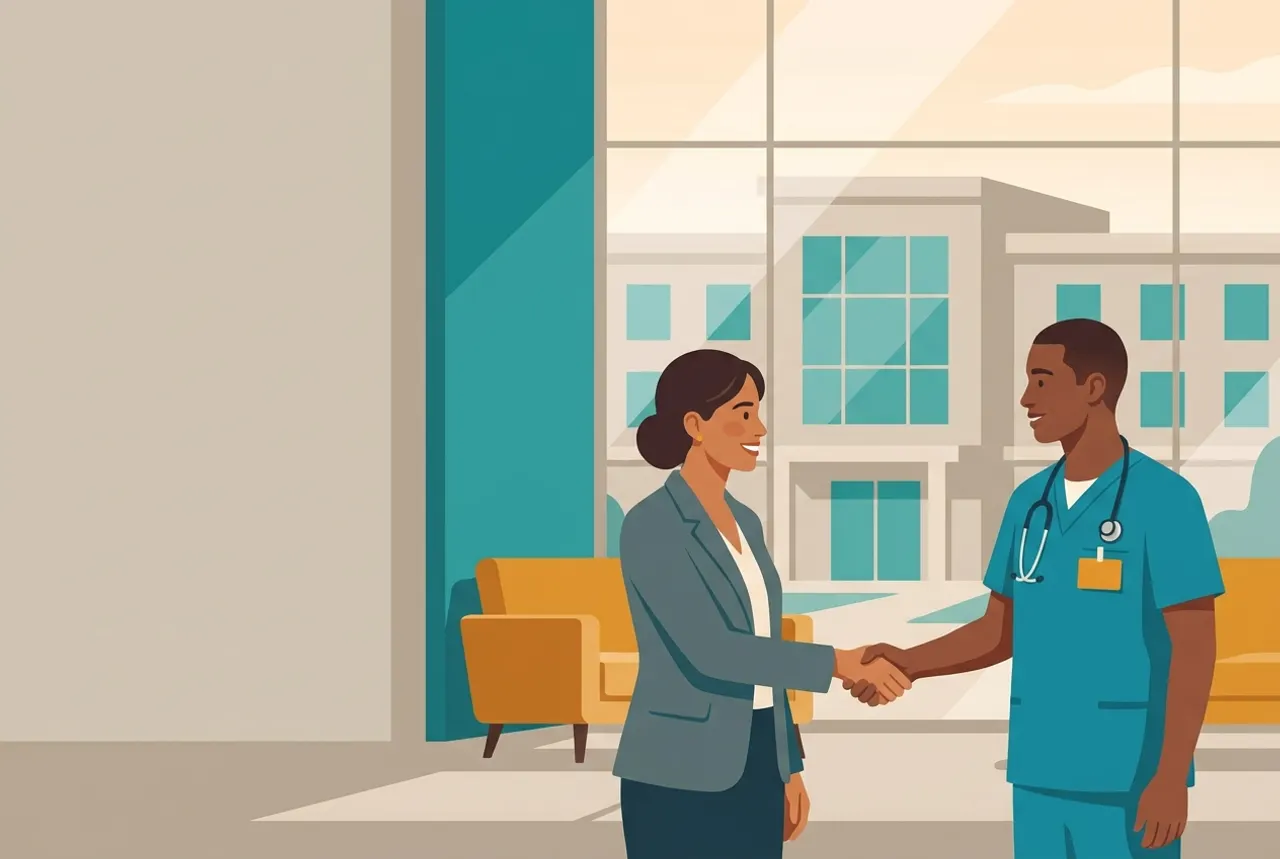 Nurse reviewing a sponsorship offer with a hospital HR representative