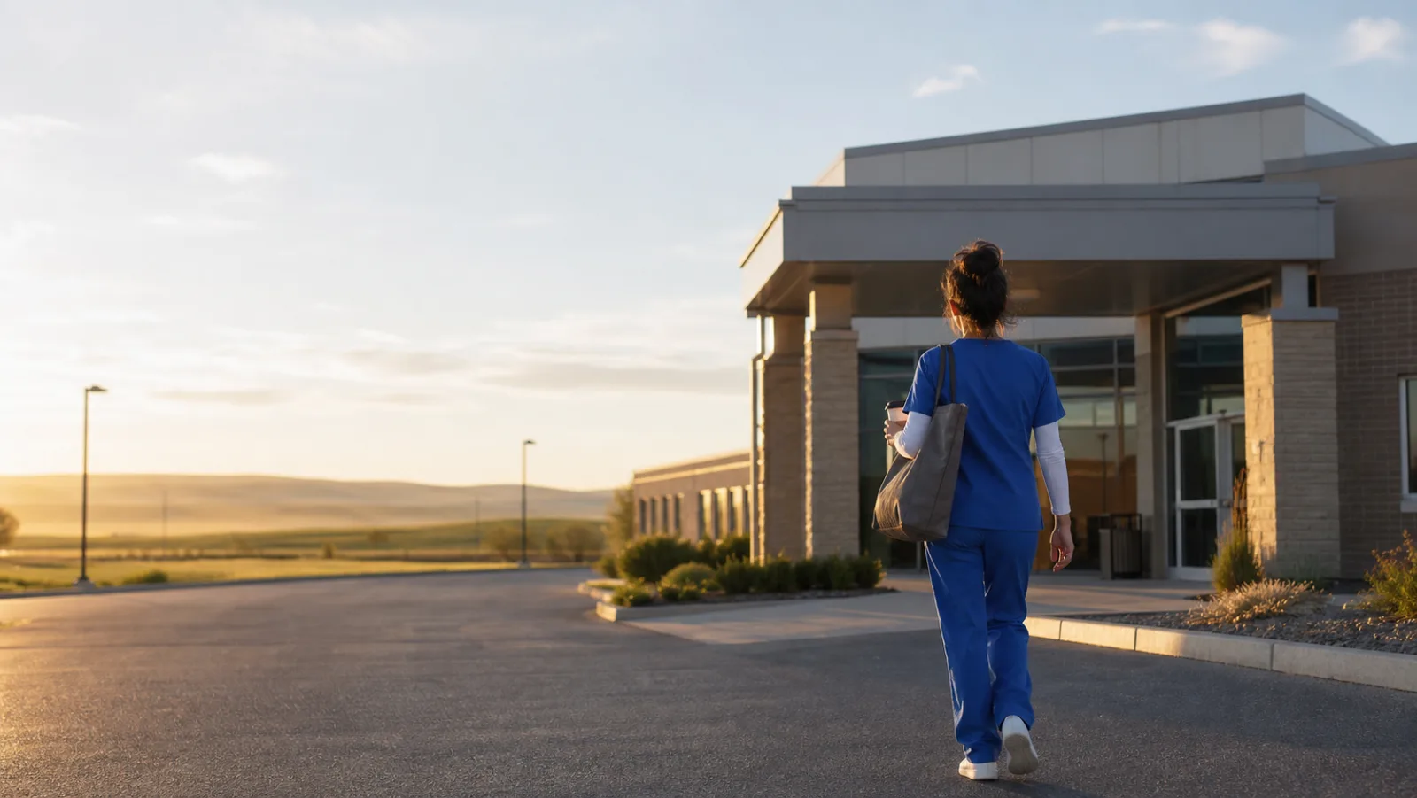 Nurse walking toward a rural clinic at sunrise